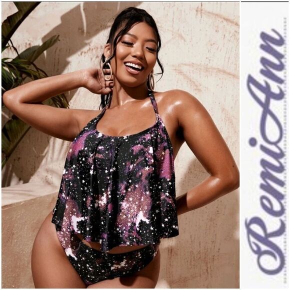 Plus Galaxy Print Flounce Bikini Swimsuit - Picture 2 of 6